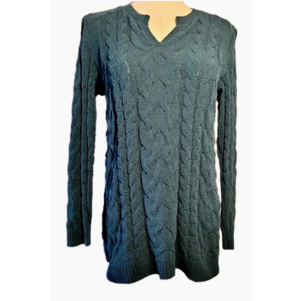 J. Jill Chenille Cable Knit Sweater XS Green V Neck Long Sleeve Comfy Classic